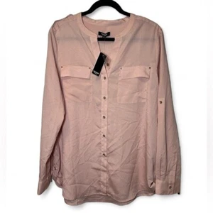 Premise Studio Women XL Soft Pink Semi-Sheer Roll Up Sleeve Button Down Blouse - Picture 1 of 10