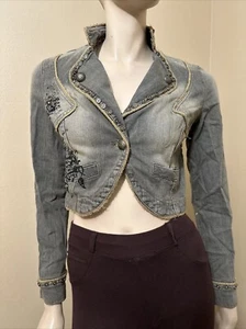 Women’s Grey Denim Cotton Casual Stretch Beaded Buttons Glitter Size S Jacket - Picture 1 of 20
