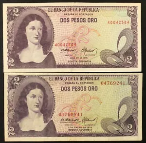 1972 & 1976 COLOMBIA PAPER MONEY - 2 PESOS ORO (LOT OF 2) BANKNOTES! - Picture 1 of 2