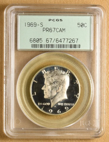 1969 S Proof Kennedy Silver Half Dollar PCGS PR67CAM Cover