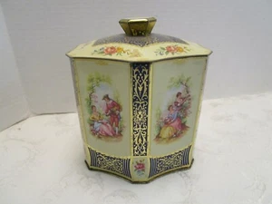 Vintage Tin Lidded Candy tea Canister box Colonial couple 6.5 " T 1950's MCM - Picture 1 of 12