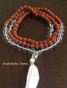 CRYSTAL QUARTZ RUDRAKSHA BUDHA STONE JAPA MALA ROSARY BEADS MEDITATION YOGA RARE - Picture 1 of 3