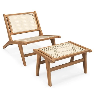 Mid Century Modern Accent Chair w/ Ottoman Teak Wooden Frame Farmhouse - Image 1 of 4