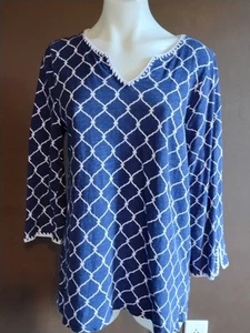 Talbots Medium Top royalblau Leinen bestickt Schlitz Ausschnitt 3/4 Arm Tunika - Bild 1 von 4