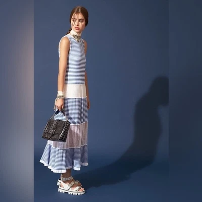 Vestido midi de algodón a rayas con paneles y puntos RED VALENTINO Point D'esprit en azul mediano Foto 1 de 4