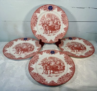 4 Royal Stafford Santa's Sleigh Red Dinner Plates Porcelain 11” England NEW