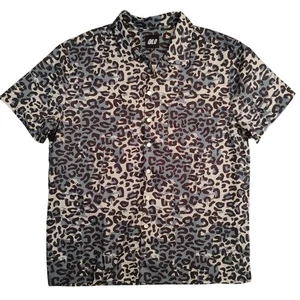 QILO Shirt Mens Large Gray Blue Leopard Camo Short Sleeve Button Up Stretch - Picture 1 of 10
