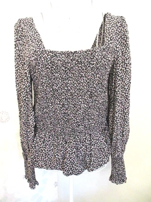 New Look women's black floral smocked square neck peasant style blouse size 10 - Image 1 of 4
