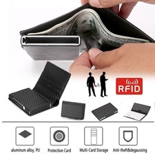 Credit Card Holder Leather RFID Blocking Metal Wallet Money Clip for Men