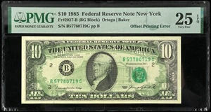 1985 $10 Federal Reserve Note New York Offset Printing Error PMG 25 VF EPQ - Picture 1 of 2