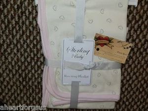 STERLING BABY RECEIVING BLANKET COTTON KNIT HEARTS PINK CREAM GIRL INFANT SOFT - Picture 1 of 1