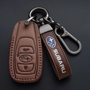 Leather Car Key Fob Case Cover For Subaru BRZ Forester Outback Impreza WRX Brown - Picture 1 of 9