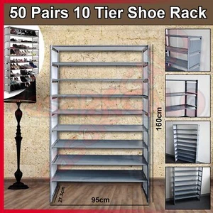 CASA 50 Pairs 10 Tiers Stackable Storage Shoe Rack Cabinet Organiser Steel Gray - Picture 1 of 8