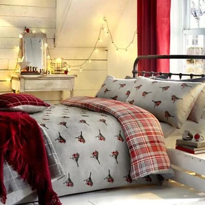 Fusion Christmas Winter Robin 100% Brushed Cotton Duvet Cover Set in Red - Picture 1 of 4