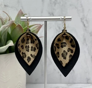 Faux Vegan Leather Gold Black Leopard Teardrop Leaf Earrings Pinched Animal Tan - Picture 1 of 4