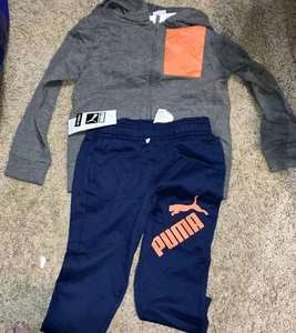 PUMA NWT Boy 2PC Track Suit Jacket/Hoodie Pants Top Zip Warm Up Charcoal - Picture 1 of 4