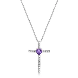 .10 Ct Heart Purple Amethyst Diamond Sterling Silver Cross Pendant 18" - Picture 1 of 7
