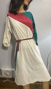 Vintage 1970s Terry Cloth Dress Glam Hippie Geometric Design Cream Red Green - Picture 1 of 15