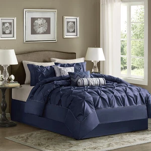 Set piumone Deluxe morbido trapuntato blu cucito a pezzi Queen Cal King 7 pezzi nuovo - Foto 1 di 6