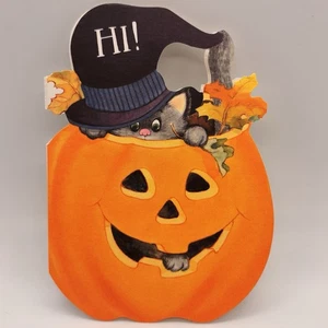 Vintage Halloween Karte süße schwarze Katze Kätzchen Hexenhut Blätter Kürbis Punze - Bild 1 von 7