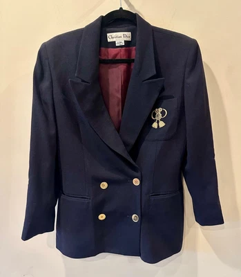 Vintage Christian Dior Double-Breasted Navy Blazer Sz 10P Wool Gold Buttons Logo - Image 1 of 4