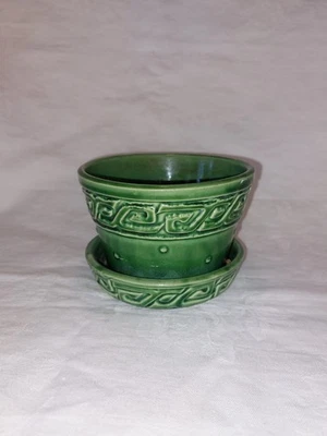 Vtg McCoy USA Green Greek Key Design Planter Flower Pot 3.25" x 5" w/Saucer - Image 1 of 4