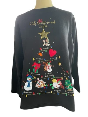 Quacker Factory “Christmas Is For” Black Sweatshirt Large Embroidered Festive - Imagem 1 de 4