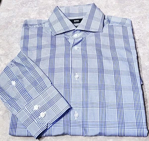 BOSS HUGO BOSS-Blue/Wht Glen Plaid Cttn, Mens Euro Spread Dress Shirt-(39) 15.5 - Picture 1 of 4