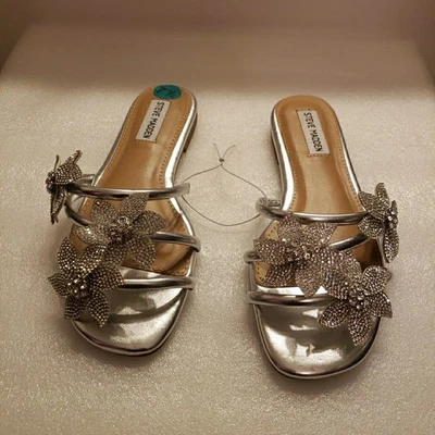 Steve Madden LUKA Silver Floral Rhinestone Flat Sandals Womens Shoe Size 7.5 New — 第 1/4 张图片