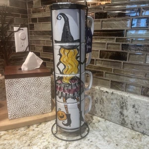 RARE WITCH Belle Maison Stack Rack Coffee Mugs BLONDE Bewitched Halloween Pumpki - Picture 1 of 12