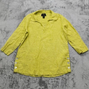 Tahari Top Womens L Lime Green Lien Popover Tunic Button Hem Long Sleeve Natural - Picture 1 of 8