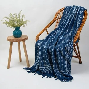 Indigo Blue Hand Block Printed Throw Blanket Handloom Indian Sofa Cotton Beige - Picture 1 of 6