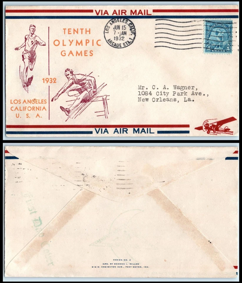 1932 Los Angeles OLYMPICS Sc 719-15a 5c blue with Edmund Miller cachet (L2 - Image 1 of 1