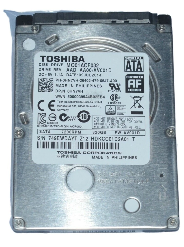 Toshiba 320GB 7200RPM 2,5" SATA Laptop Festplatte MQ01ACF032 Thin HDD 7MM - Image 1 of 4