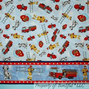 BonEful Fabric FQ Cotton Quilt Fire Truck Ladder Hat Border Stripe Dalmatian Dog - Picture 1 of 12