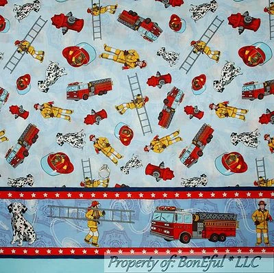 BonEful Fabric FQ Cotton Quilt Fire Truck Ladder Hat Border Stripe Dalmatian Dog - Image 1 of 4