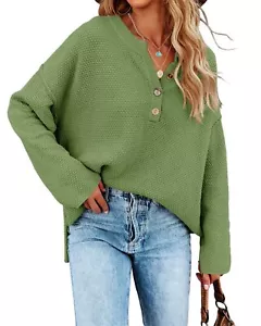 Womens V Neck Oversized Sweater Long Sleeve Button Up Top (Grass Green) - Picture 1 of 5