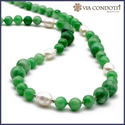 Collana in Giada Verde e Perle collana lunga in pietre dure naturali e argento - Immagine 1 di 4