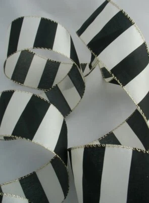 5 yds. SATIN WIRE EDGE RIBBON BLACK OFF WHITE WIDE STRIPES GOLD EDGES 2.5" - Image 1 of 3