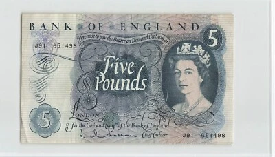 GREAT BRITAIN 5 Pounds 1963-66 ENGLAND, P-375a B297, Hollom.  J91 651498. ..C6 - Image 1 of 2