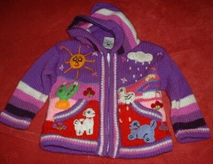 SO CUTE! Pink & Purple Embroidered Peruvian knit Hooded Sweater size 0-6mo Lana - Picture 1 of 11