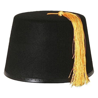 ADULT BLACK FEZ HAT WITH GOLD TASSEL MOROCCAN FANCY DRESS COSTUME ACCESSORY - Image 1 of 4