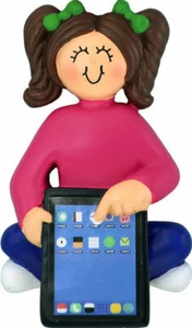 Child w/ Tablet Female, Brown Personalized Christmas Ornament - Picture 1 of 1
