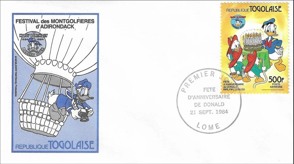 Donald Duck Festival Happy Birthday Party With Cake Disney Togolaise FDC 1984 - Image 1 of 1
