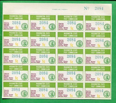 Washington State Fruit Commission 1c Tax Stamp #FR8 Mint Full Sheet No. 2084 - Image 1 of 2