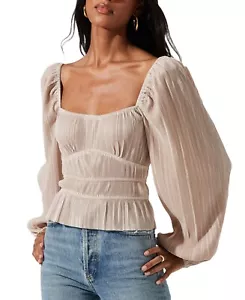 Astr the Label Women’s Ziva Pleated Balloon-Sleeve Top, Pearl, Medium - Picture 1 of 1