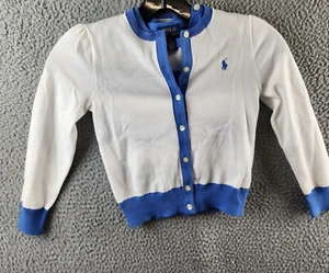 Polo Ralph Lauren Grosgrain-Trimmed Cardigan Girls 5 Blue/White Button Closure - Picture 1 of 17
