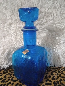 Vintage MCM Empoli Glass Decanter Bottle Vase Blue Textured Bark W/stopper Mint - Picture 1 of 6