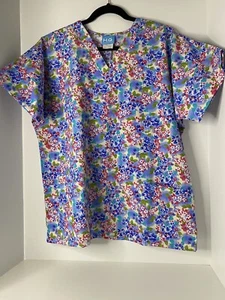 NWTs Scrub HQ Women's V-Neck Scrub Top Size Medium Blue Pink Tropical Floral - Picture 1 of 12