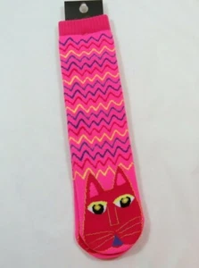 Womans Laurel Burch Cat Stripes Fuchsia Slipper Socks Pink Sz 9-11 Warm - Picture 1 of 4